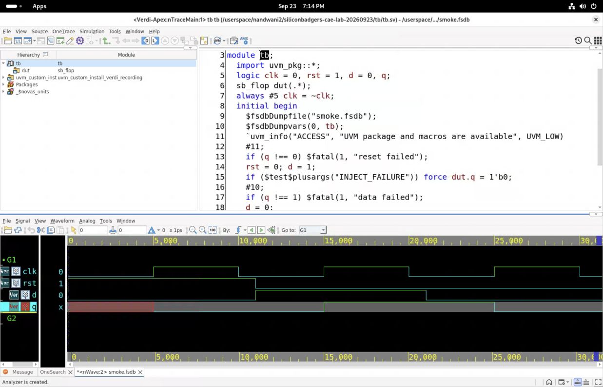 The passing test open in Verdi with its source and waveform panes.